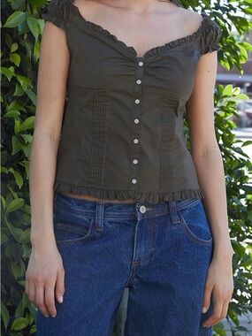 PacSun Olive Green Ruffle Button-Front Blouse